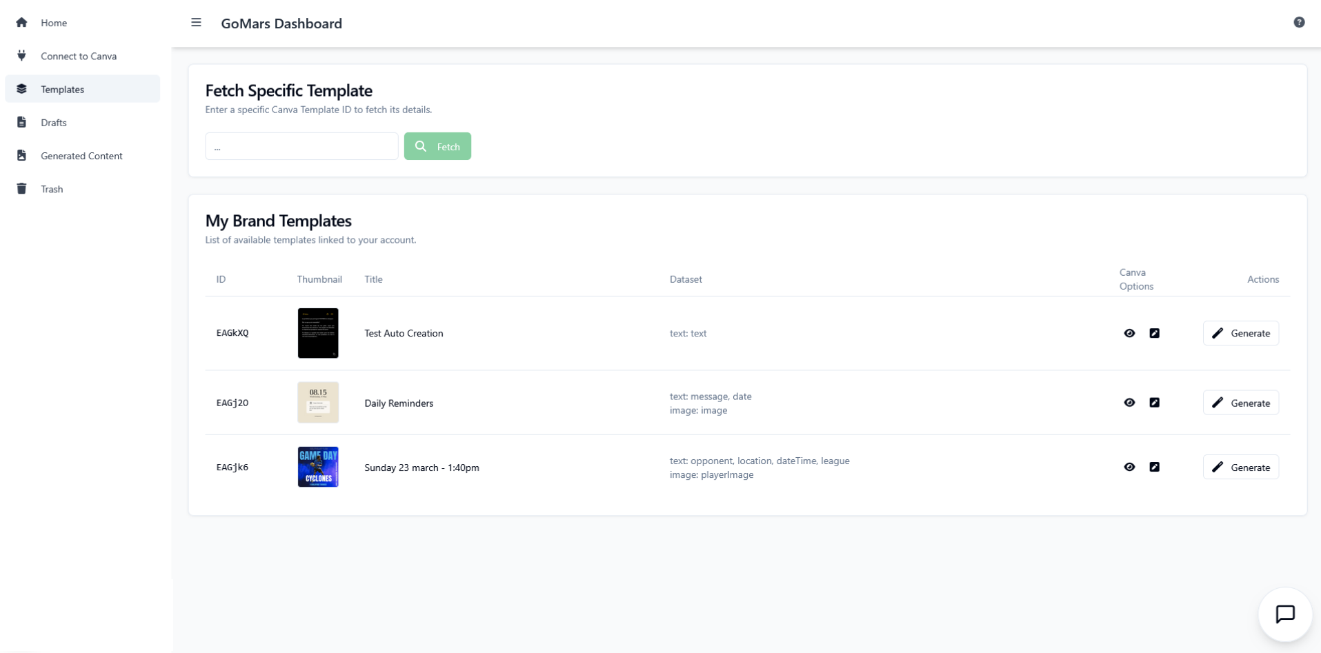 GoMars dashboard showing Canva template selection for automation